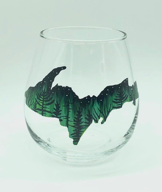 U.P. Green Northern Lights with Trees Wine Glass Hand Painted 2