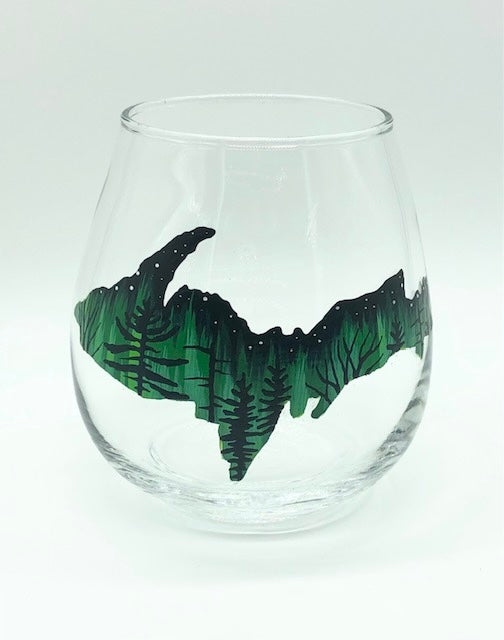 U.P. Green Northern Lights with Trees Wine Glass Hand Painted 1